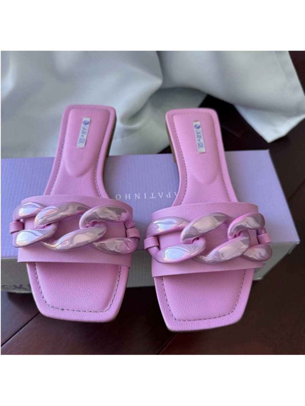 Leather Slide Sandals Iridescent Chain Strap